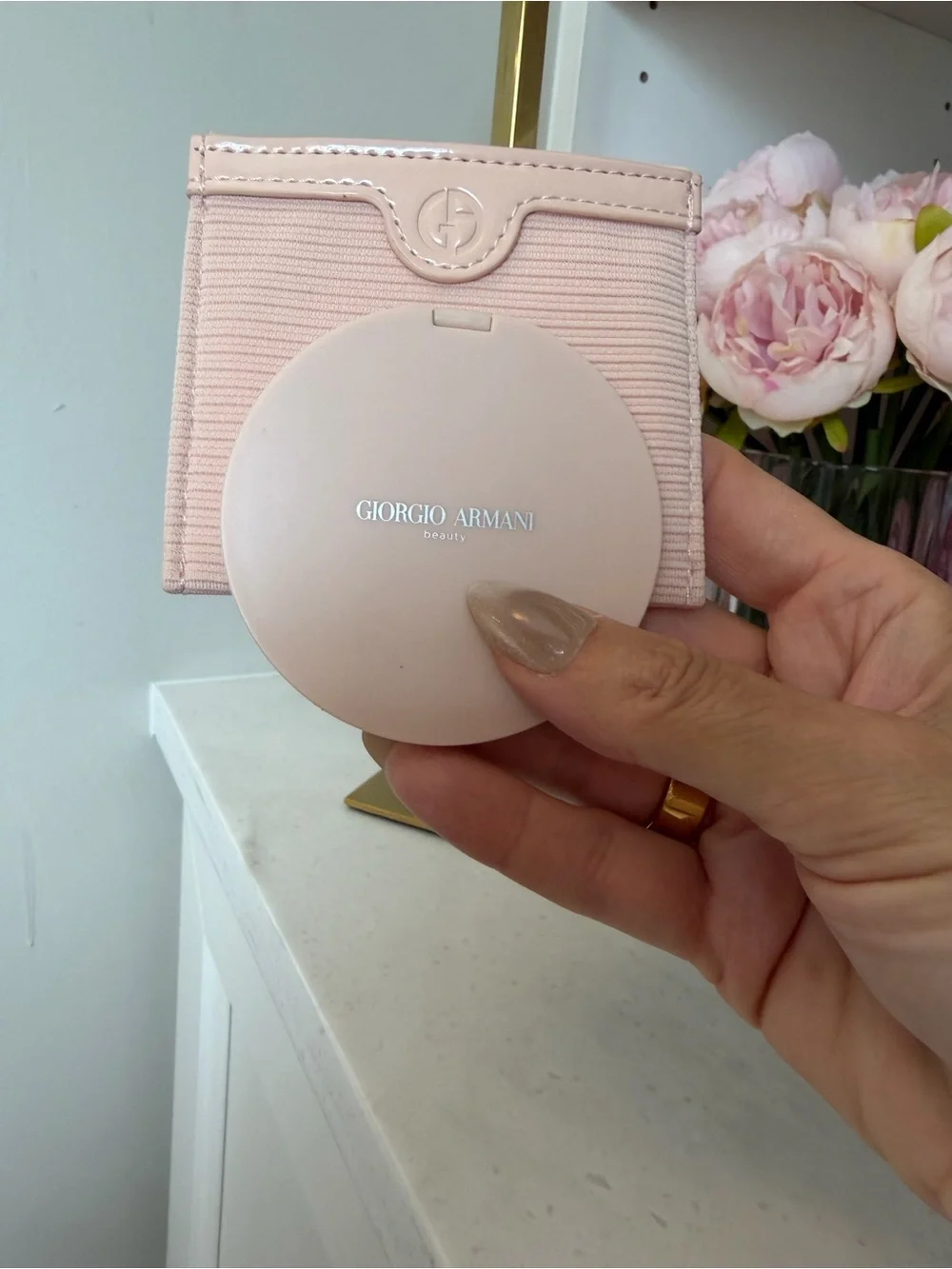 Blush Pink made for Armani GWP double mirror compact and carry case